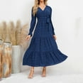 thumbnail image 5 of Riforla Women Casual Solid Maxi Dress V Neck Large Swing Dress Belt Long Sleeve Long Wedding Party Dresses Blue L, 5 of 6