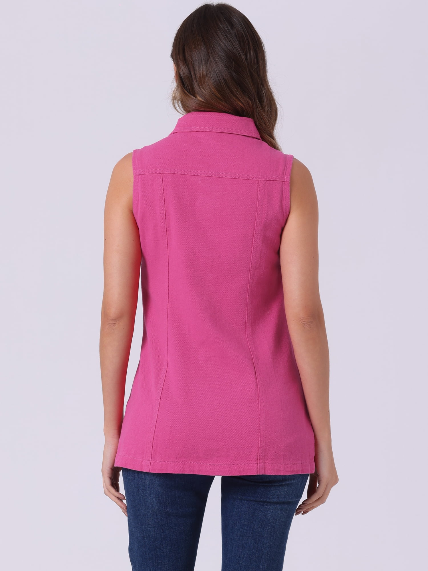 DARING DIVA Women's Button Down Sleeveless Pockets Mid-Long Denim Vest S Hot Pink