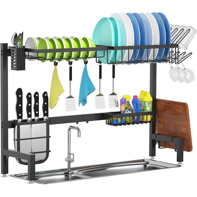 Over Sink Dish Drying Rack Stainless Steel Dish Drainer with Utensil Holder Adjustable Length (..in) Large Dish Rack for Storage Kitchen Counter