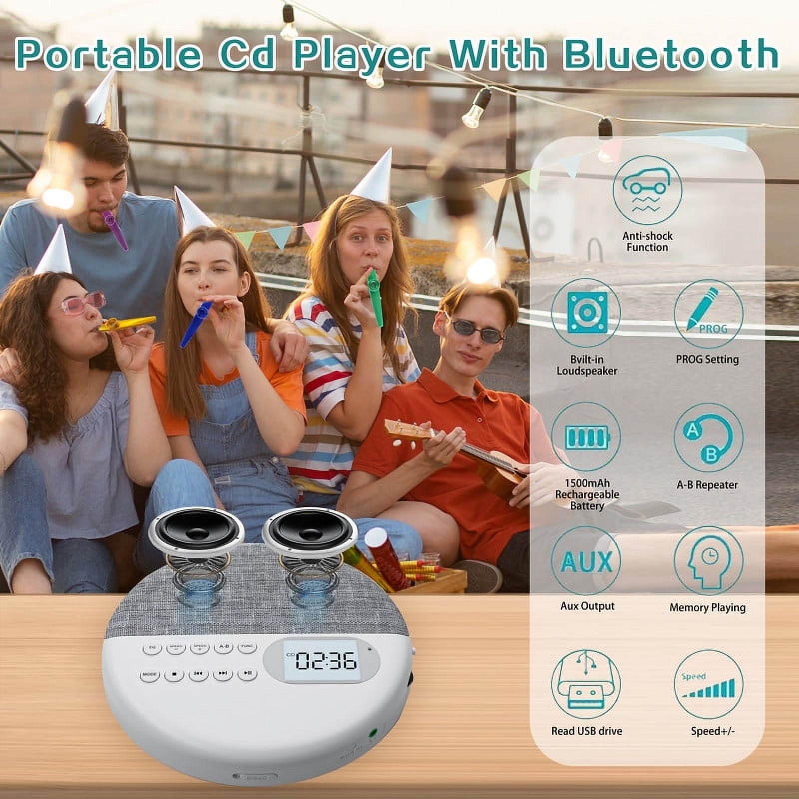 Portable Bluetooth CD Player Built-in Speaker Stereo, LCD Display Personal MP3 Players Rechargeable Disc Player for Car/Travel, Home Audio Boombox, Support CD USB AUX Input