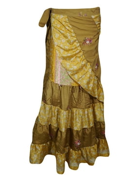 Mogul Women's Ruffle Wrap Skirt Tiered Silk Sari Printed Belly Dance Beach Party Long Skirts