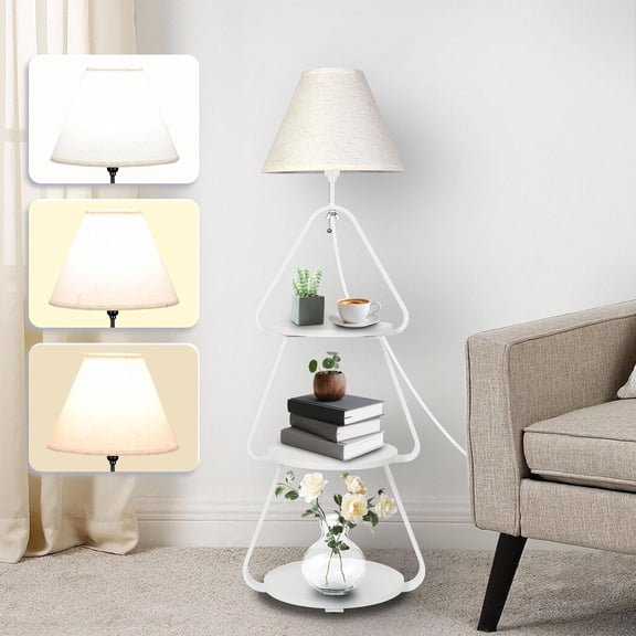 White Floor Lamp with Small Round Side Table, 3-Tier Circular End Table with Storage Shelf, Round Corner Desk Nightstand for Living Room Bedroom Small Spaces
