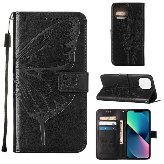 for iPhone 14 Case Wallet, for Women Men with Card Holder & Magnetic Cover & Kickstand Strap Glitter PU Leather Flip Flower Butterfly Pattern Case for iPhone 14 6.1 inch 2022,Black
