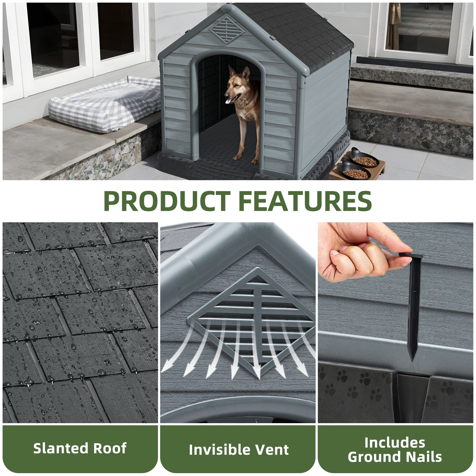 Uforic Large Waterproof Plastic Dog House with Air Vents and Elevated Floor, Outdoor Indoor Doghouse Puppy Shelter,Black+Gray,41''Lx 38''Wx 39''H