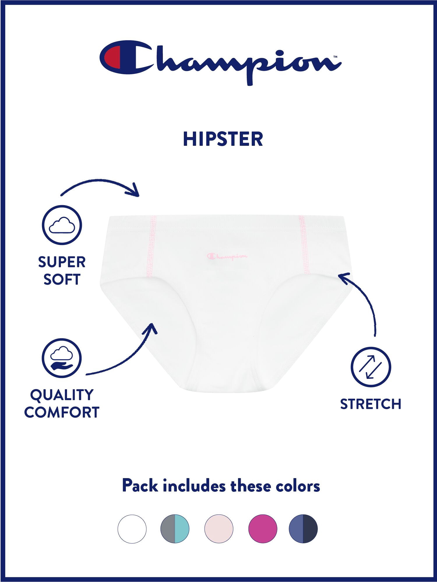Champion Girls’ Softest Touch Classic Hipster Briefs, 5 Pack, Sizes XS–XL