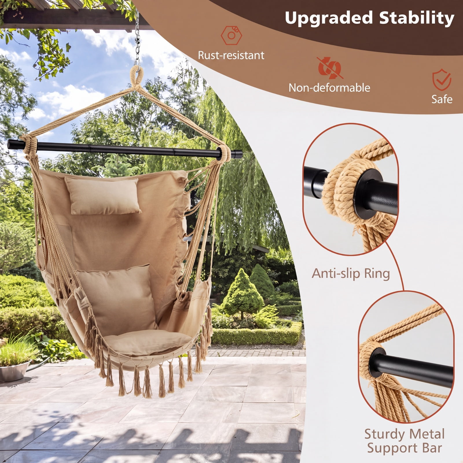 Furnibear Hanging Rope Swing Chair with Soft Pillow Two Removable Cushions Tassel Trim and Side Pocket for Patio Porch and Bedroom, Beige