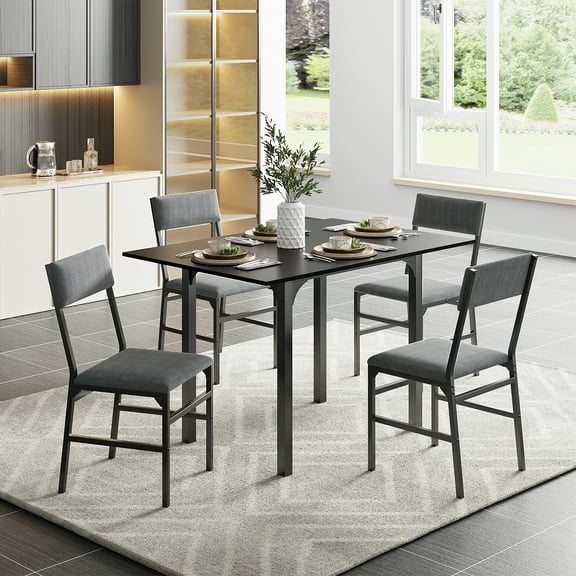 Fairy Dining Table Set for 4, Extendable Kitchen Table Cushion Chairs Set of 4, Rectangle Dining Table with Metal Frame & MDF Board, Folding for Small Apartment Saving Space, Black