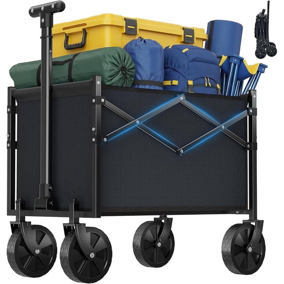 Simenmax Heavy Duty Collapsible Wagon Cart, 220 lbs Capacity All-Terrain Folding Wagon Portable Gear Cart for Camping, Beach, Gardening, Grocery Shopping, Black