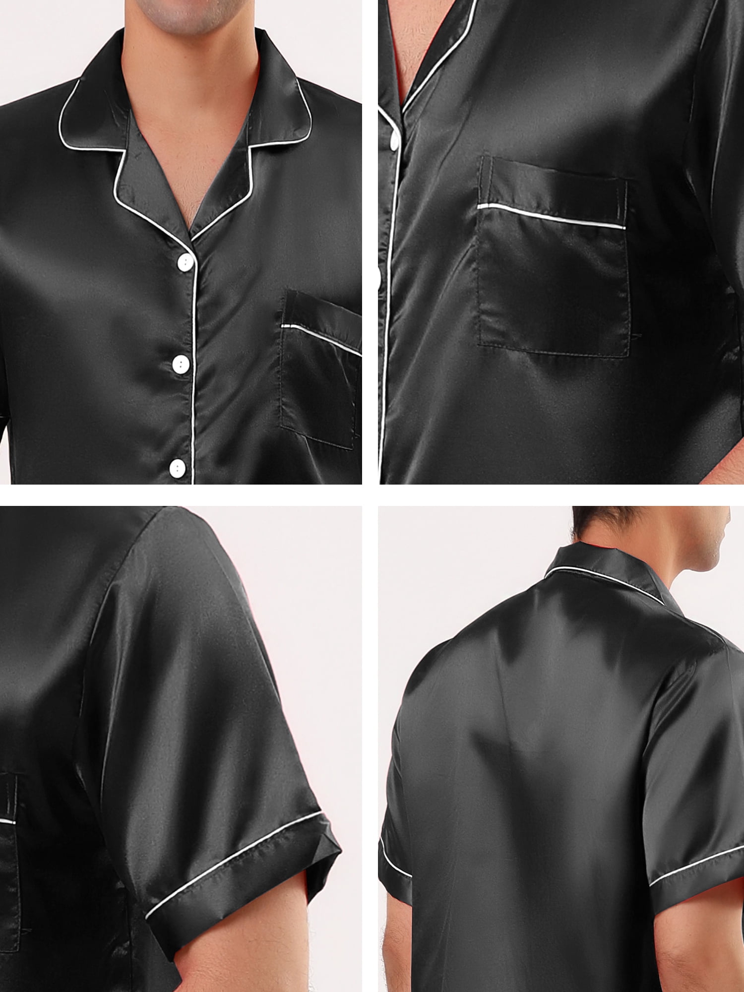 Unique Bargains Men's Button Down Satin Pajama Sets Short Sleeves Nightwear Small Black
