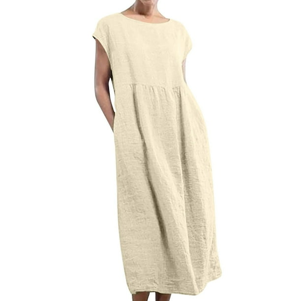 Vestido largo tipo caftán sin mangas con cuello redondo y bolsillos para mujer - Corte holgado, tejido de lino, informal/de fiesta para el verano - Tallas S-XXXXXL