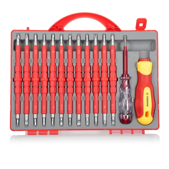 PENGGONG 14-Piece Insulated Screwdriver Set with 12 Double-Ended Bits (PH0/SL4, PH1/SL5, etc.), Test Pencil, Insulated Handle, and Tool Box - 9714B Red | Steel+TRP+PP Construction | 6.43-inch