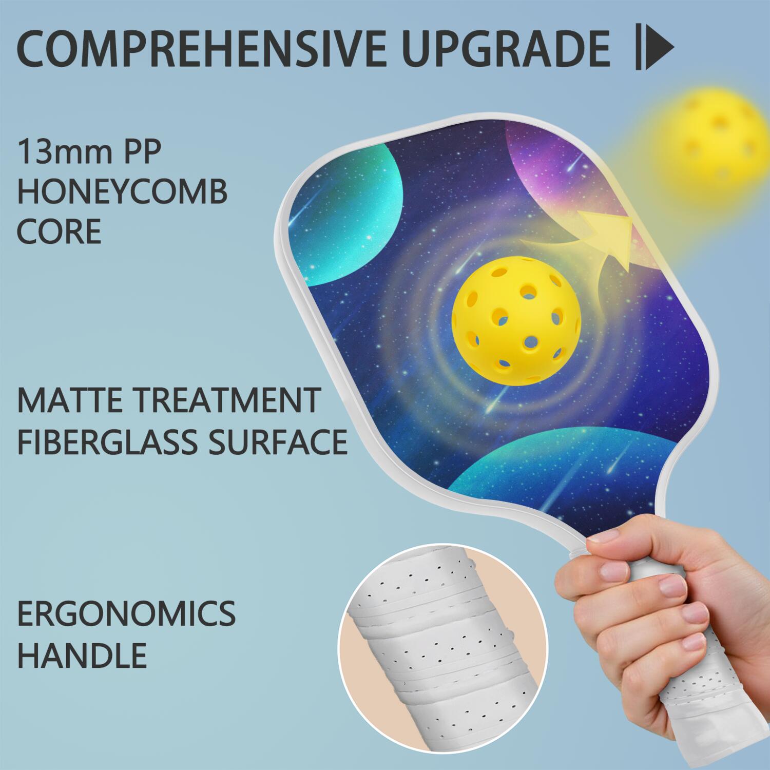 Pickleball Paddles Set Of 2, Fiberglass Surface, Galaxy Print, 4 Balls & Bag