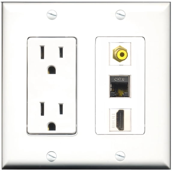 Ultra Spec Cables 15 Amp Power Outlet 1 Port HDMI 1 Port RCA Yellow 1 Port Shielded Cat6 Wall Plate
