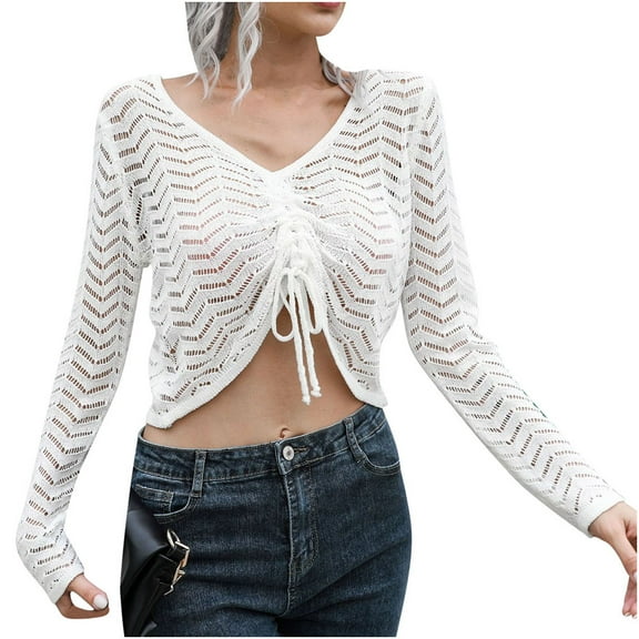 Womens Fall Fashion 2022! QLEICOM Sweaters for Women, Women's Drawstring Hollow V-neck Sweater Women's Loose Autumn And Winter Long-sleeved Sweater New On Clearance