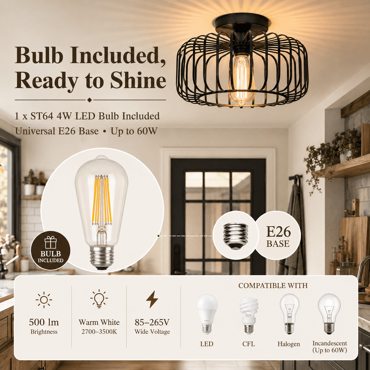 DONGPAI 11.8" Black Cage Mini Chandelier with LED Bulb, Flush Mount Ceiling Light Industrial Kitchen Light Fixtures for Hallway Bedroom Dining Room
