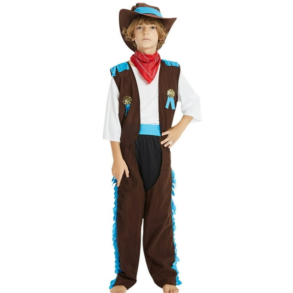 Toddler Boys Casual Outfit Sets Kids Solid Color West Cowboy Cow Fancy Dress With Bandana Vest Hat Daily-Wear,Brown,L