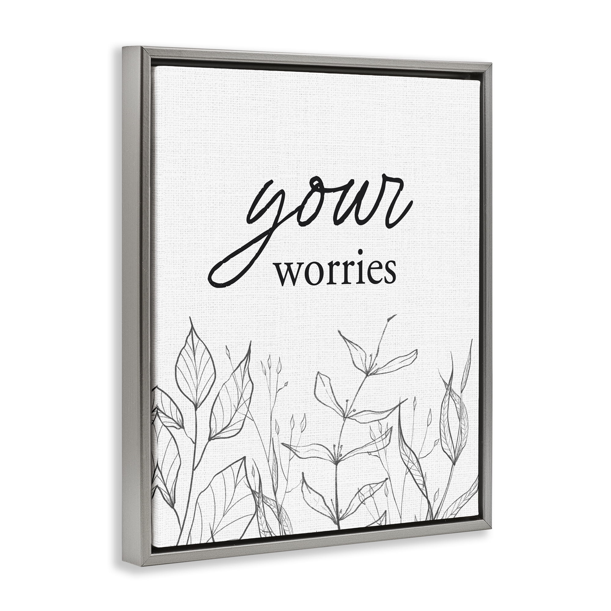 Your Worries Minimalist Leaves Gray Framed Floater Canvas Wall Art, design by Lettered and Lined