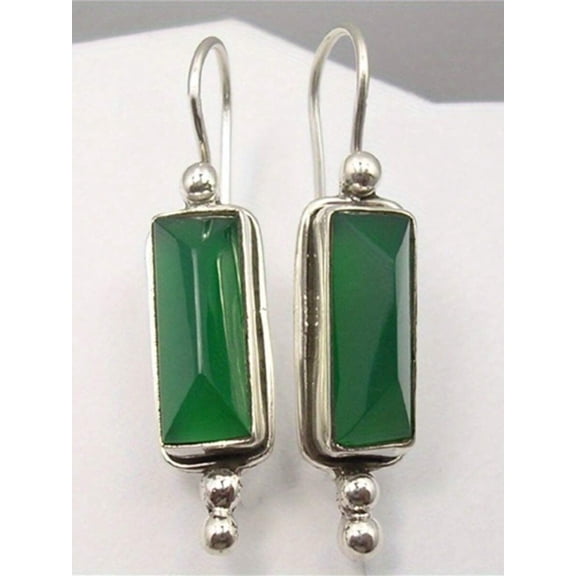 Green Rectangular Faceted Stone Dangle Earrings In Silvertone Metal,Green