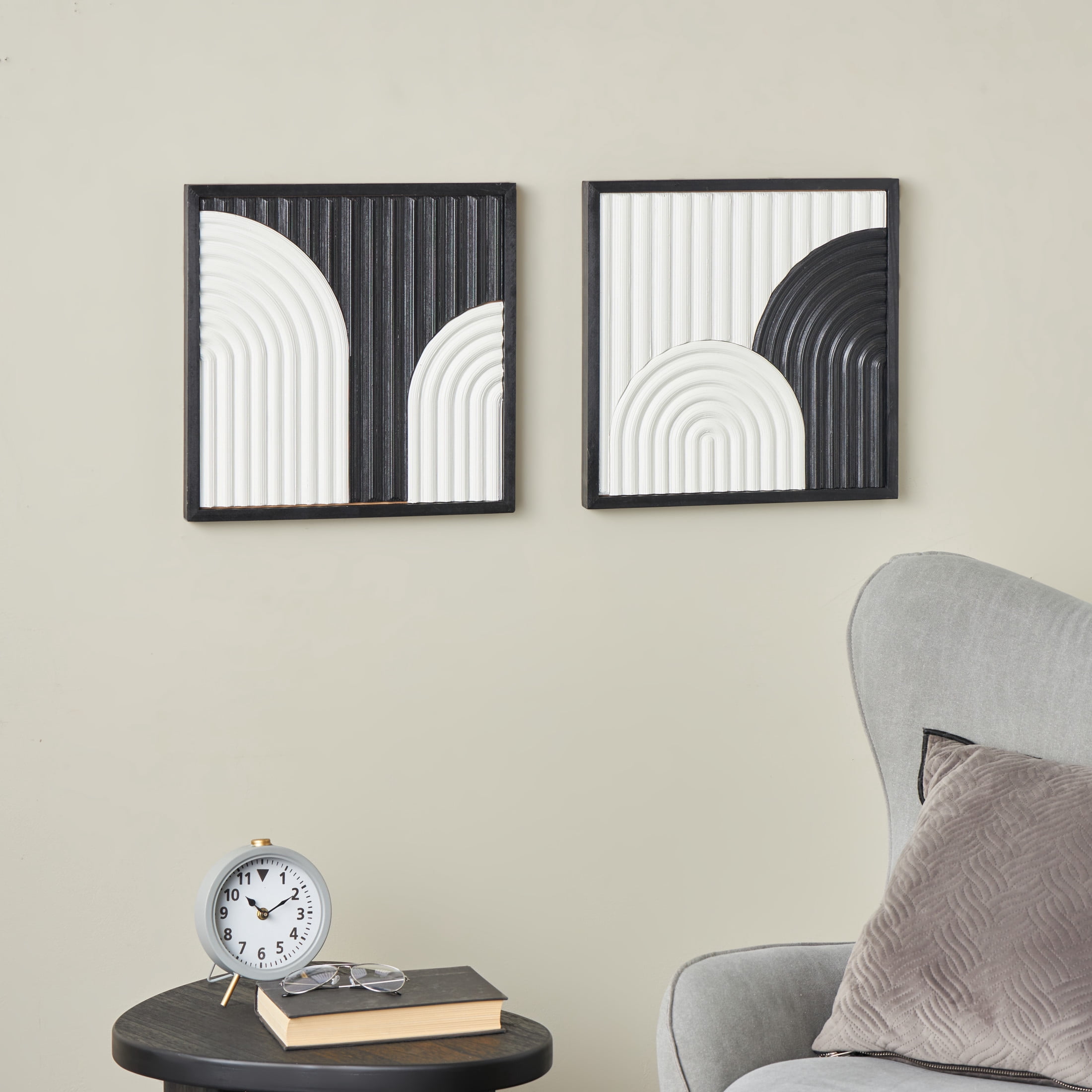 DecMode White Wood Handmade Overlapping Arches Geometric Wall Decor with Black Frame (2 Count)