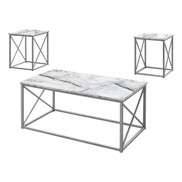 Contemporary three-piece living room table set featuring coffee, end, and side tables with white marble-look laminate tops and grey metal frames.