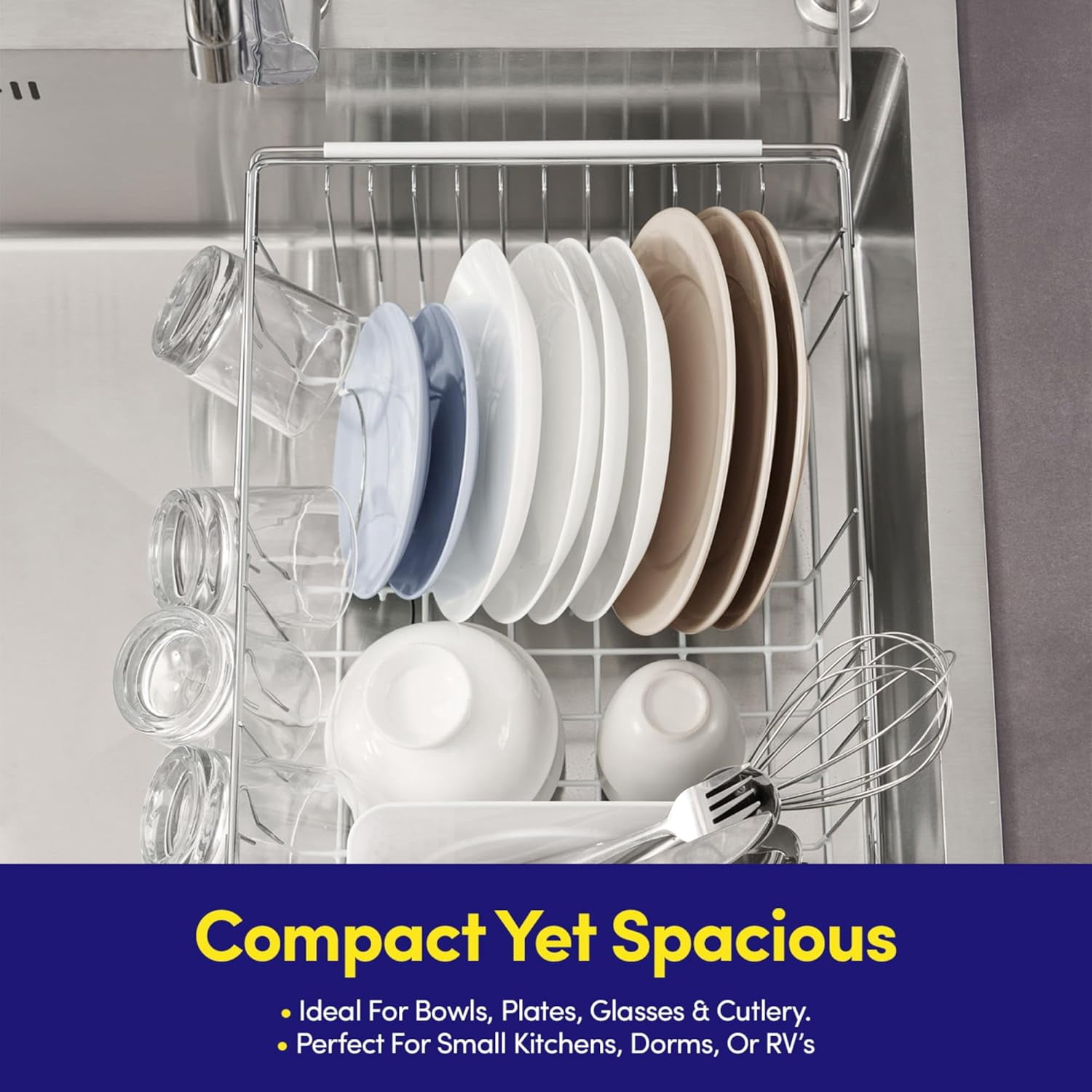 Dish Drying Rack Over The Sink Expandable to 24.5" Dish Drainer — Space-Saving Rectangular Kitchen Extending Drying Station with Utensil Holder, Fits Most Sinks for Easy Dish Organization, White