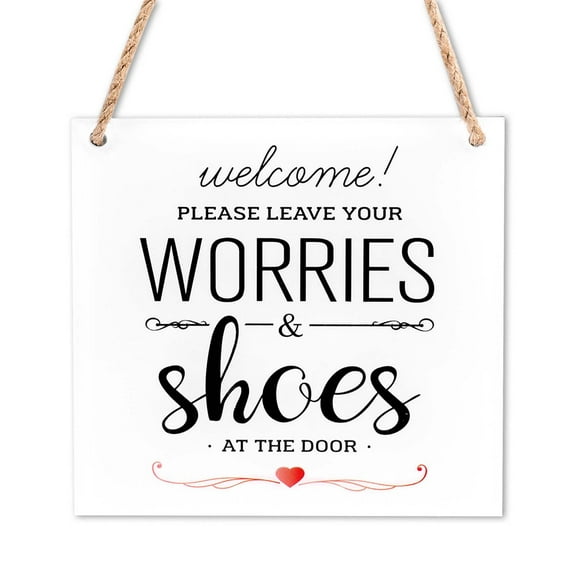 Rustic 'Shoes Off & Worries Away' Wood Door Sign - 5.9x5.9 Inch Front Entryway Decor, Housewarming Holiday Gift