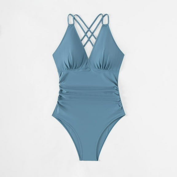 Busydd One Piece Swimsuit for Women 2024 Tummy Control Solid Swimwear Deep V-Neck Pleated Back Hollow Bathing Suit