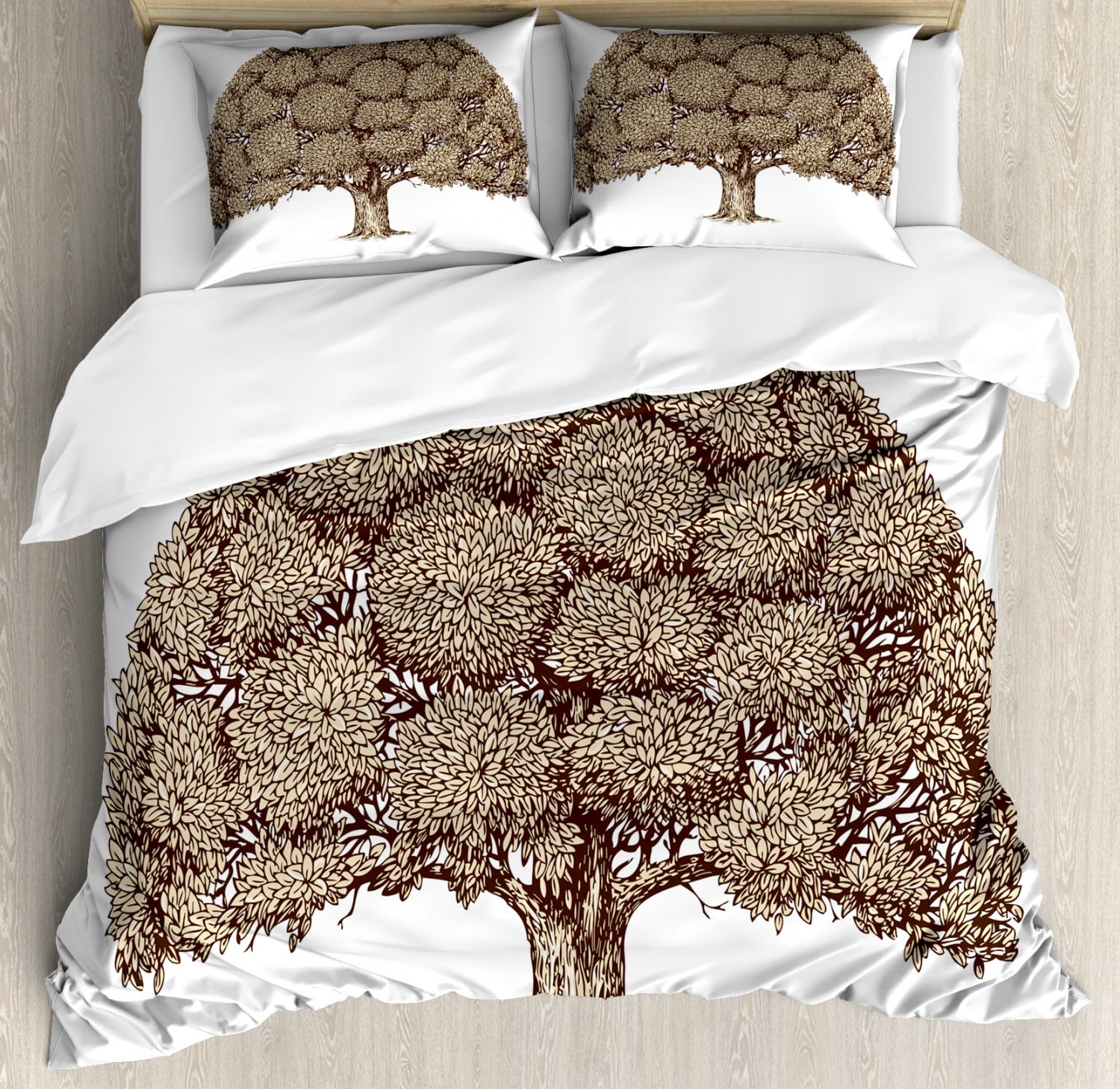 Tree Queen Size Duvet Cover Set, Monochrome Oak Tree Design with Fresh Lush Foliage Woodland