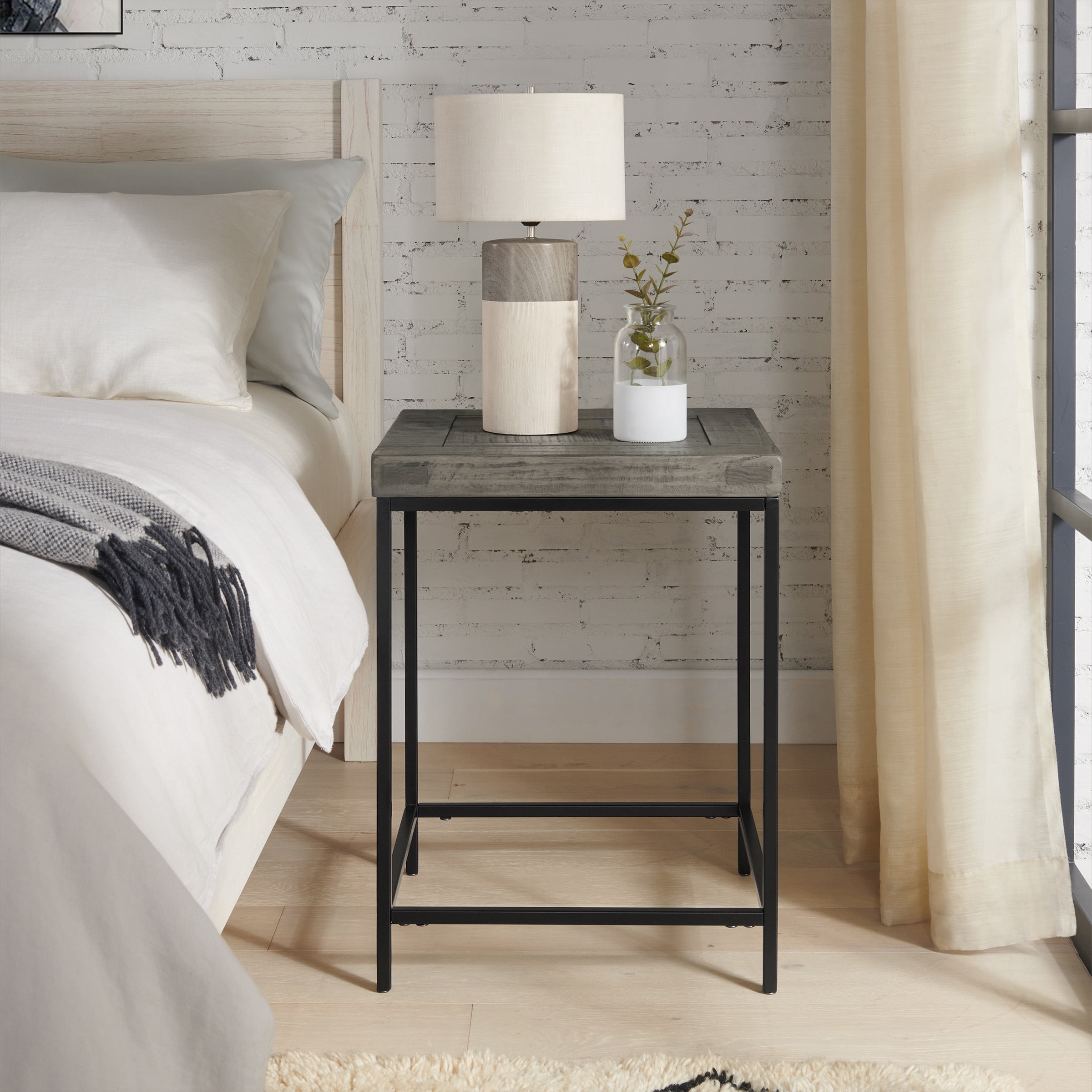 Lavish Home Industrial Modern Vintage Accent End Table with Wood Top and Metal Frame, Gray