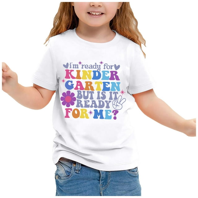 PMVFHDE Hauts à Manches Courtes pour Filles Hauts à Manches Courtes pour Filles T-Shirts pour Filles T-Shirt Imprimé Graphique Chemises de Maternelle pour Filles Enfants Rentrée des Classes T-Shirt Blanc, 6-7 Ans