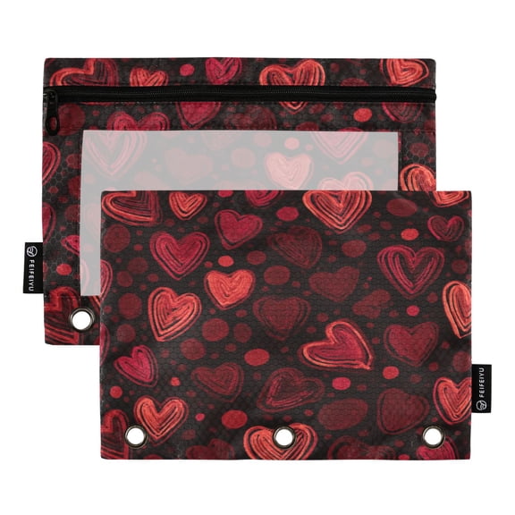 2 Pack 3 Ring Binder Pouch with Clear PVC Window Water Resistant Zipper Pencil Pouch Layered Red Hearts Print Binder Pocket for Classroom Office Home Stationery Organization