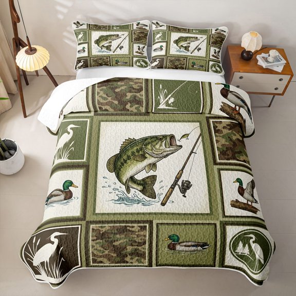Erosebridal Green Pike Fish Twin Quilt Set for Boys Girls, Rustic Wildlife Twin Coverlet Set, 2pcs