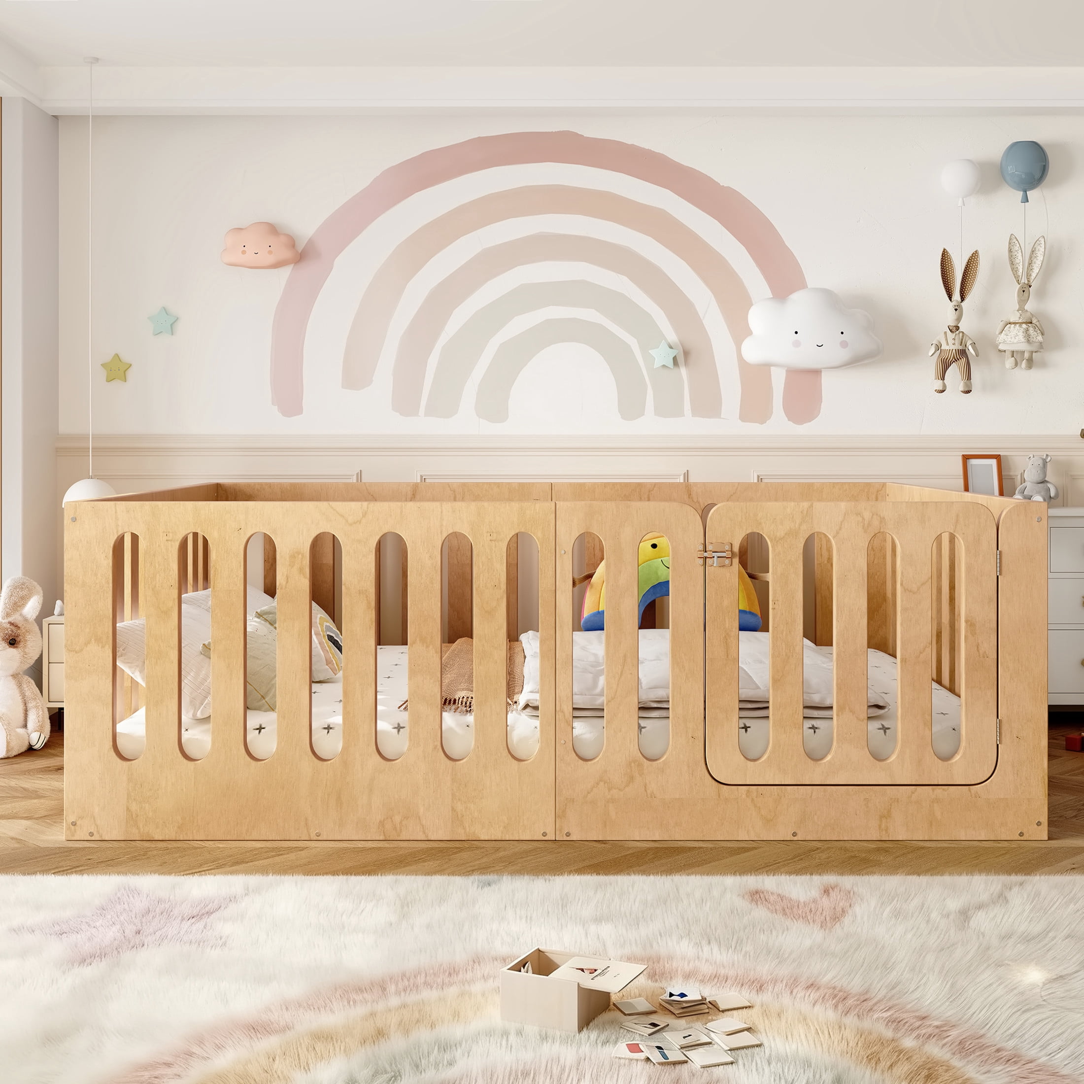 Noble House Full Size Montessori Floor Bed with High Fence, Solid Wood Kids Bed Frame, Natural