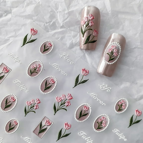 5D Embossed Flower Nail Stickers 1 Sheet Pink Tupis Nail Art Stickers for Nail Art Self-Adhesive Nail Design Stickers Nail Supplies DIY Nail Decals