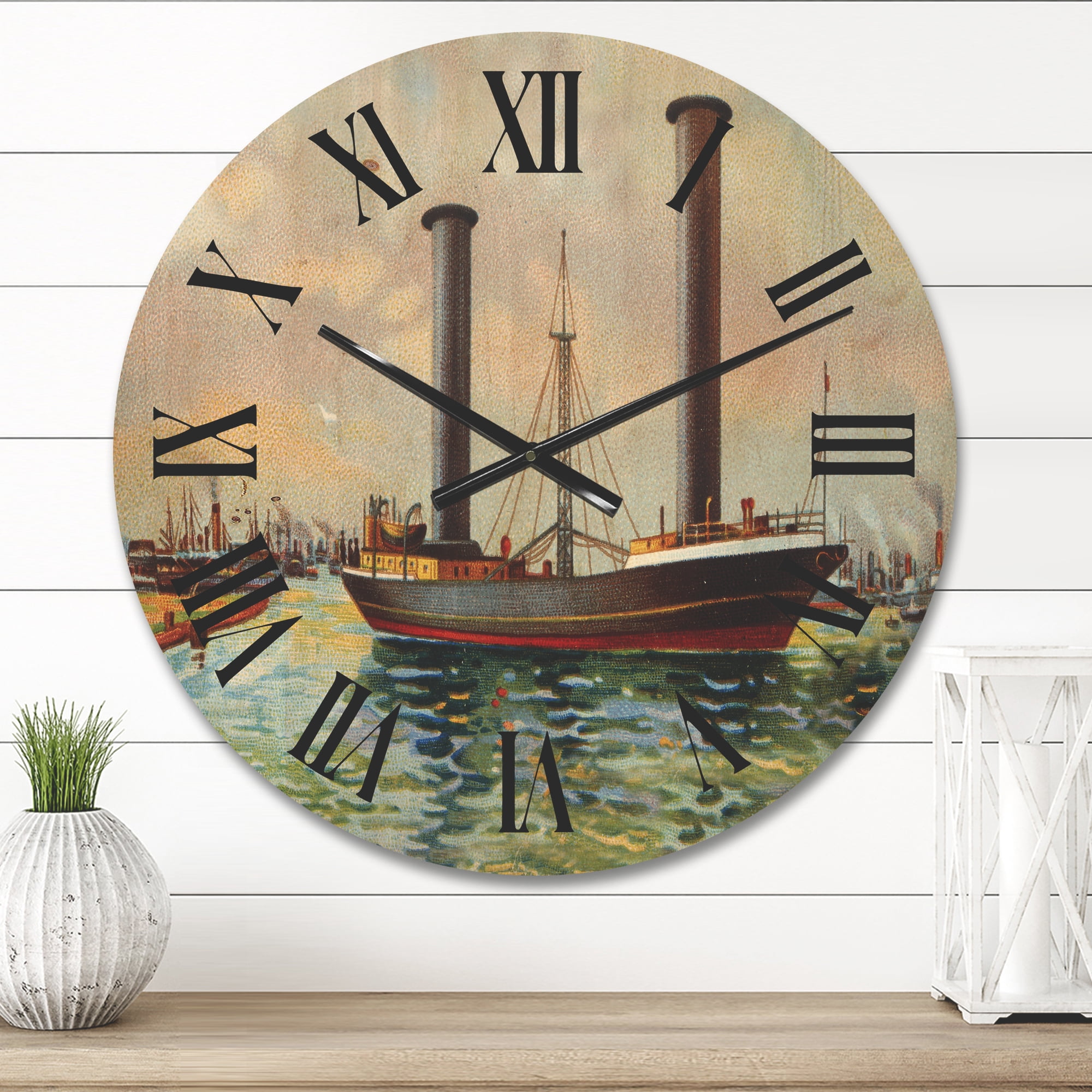 Designart 'The Ancient Boat Leaving The Harbor' Nautical & Coastal Wood Wall Clock