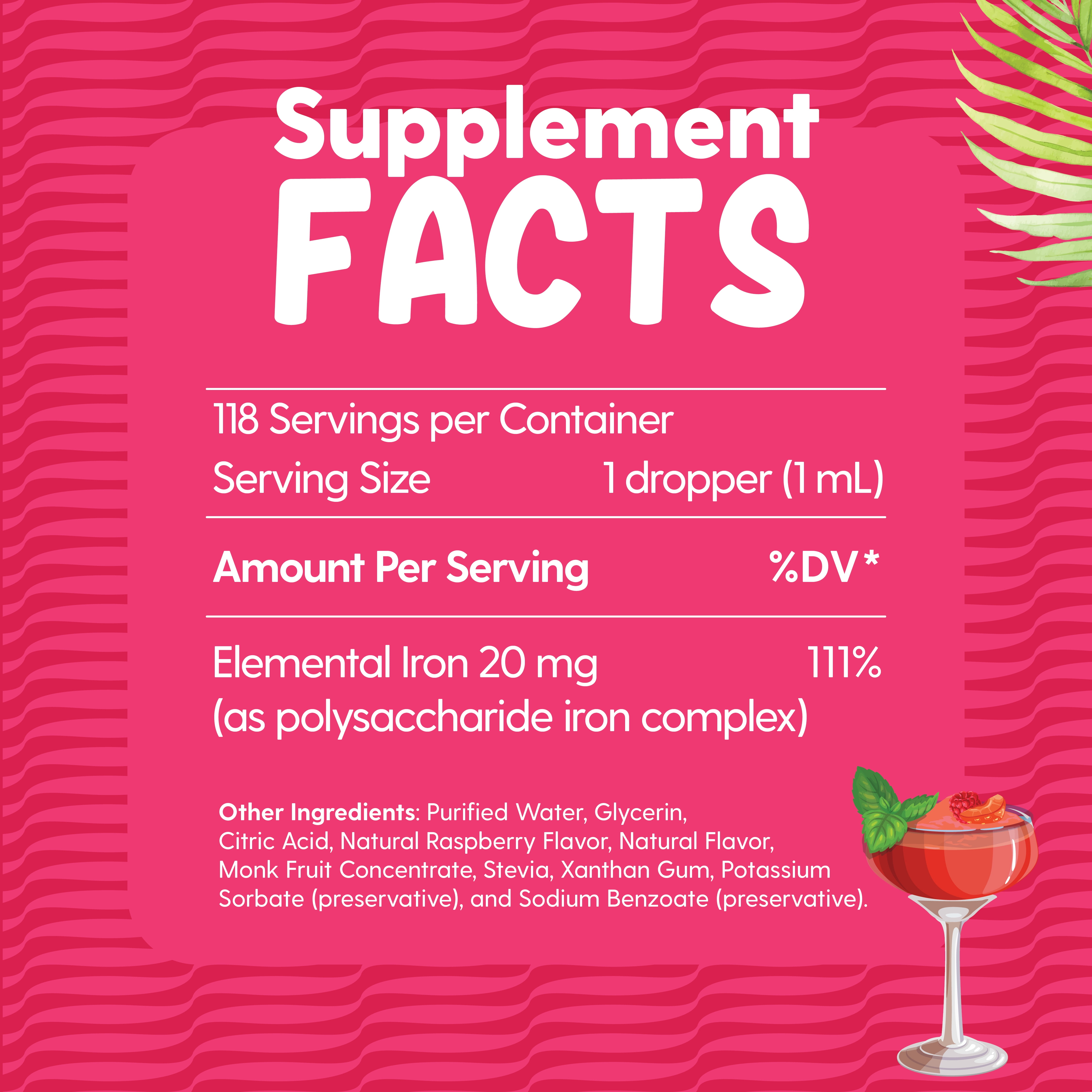 Llorens High Potency Iron Drops for Women, 20mg Elemental Iron (Polysaccharide Complex) per 1mL, Gentle on Stomach, Vegan, Natural Sweeteners (Berry Daiquiri, 4 Fl Oz)