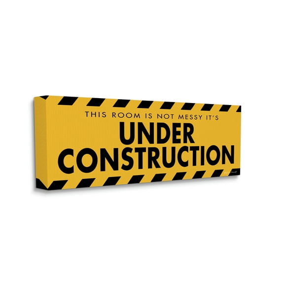 Stupell Industries Messy Room Under Construction Sign Yellow Black Transportation Painting Gallery Wrapped Canvas Art Print Wall Art, 17 x 40
