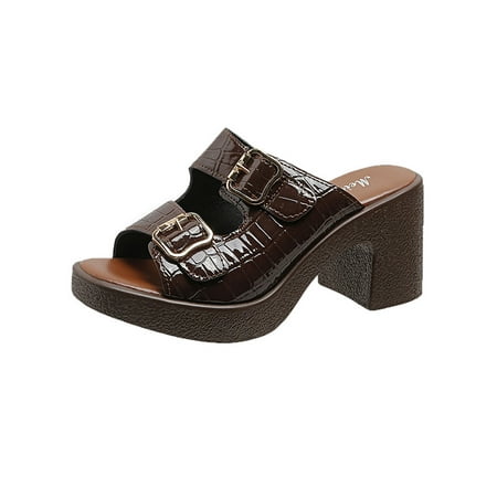 

Bellella Womens Chunky Heels Slip On Heeled Sandal Summer Beach Slide Sandals Mid Slides Shoes Casual Outdoor Slippers Light Brown 7.5