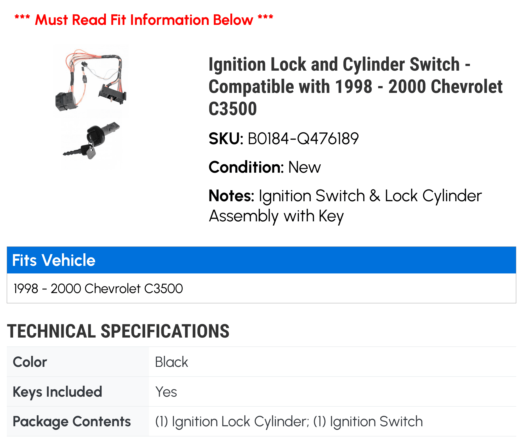 Ignition Lock and Cylinder Switch - Compatible with 1998 - 2000 Chevy C3500 1999