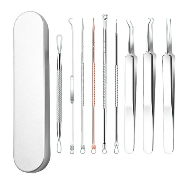 Set de 9 piezas de herramientas para puntos negros: pinzas de acero inoxidable, extractor de puntos negros y herramientas de eliminación de puntos negros