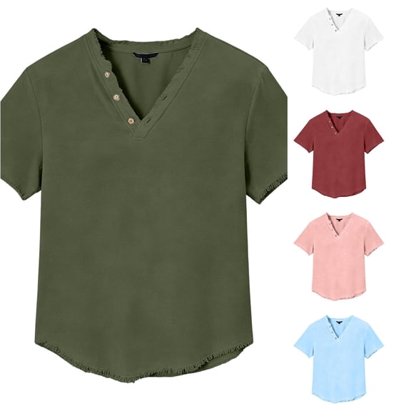 JAJAHO Linen Shirts For Men Henley Short Sleeve T Shirt Summer Beach Row Hem Solid Color Breathable Cool Basic Tee Comfy Tops