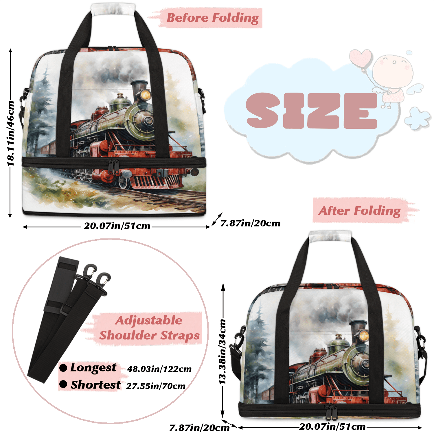 Herdesigns Retro Steam Train Foldable Travel Duffle Bag for Women and Men Lightweight Carry On Overnight Bag Vintage Old Train Gym Luggage Weekender Bags with Shoe Compartment