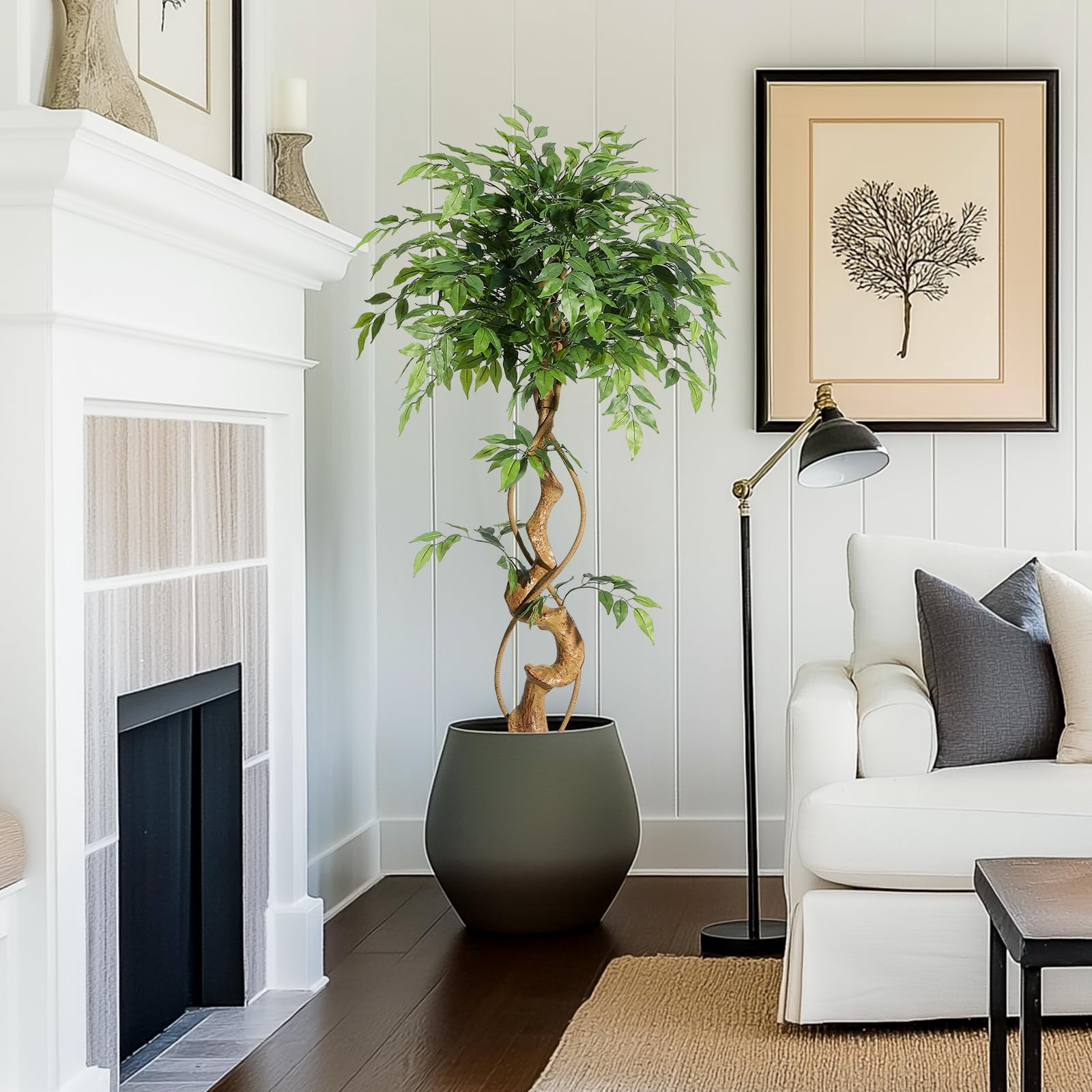 Artificial Ficus Tree 4-6FT with Curved Trunk Real Silk Leaves, Faux Plants in White Pot with Dried Moss for Indoor Home Office Living Room