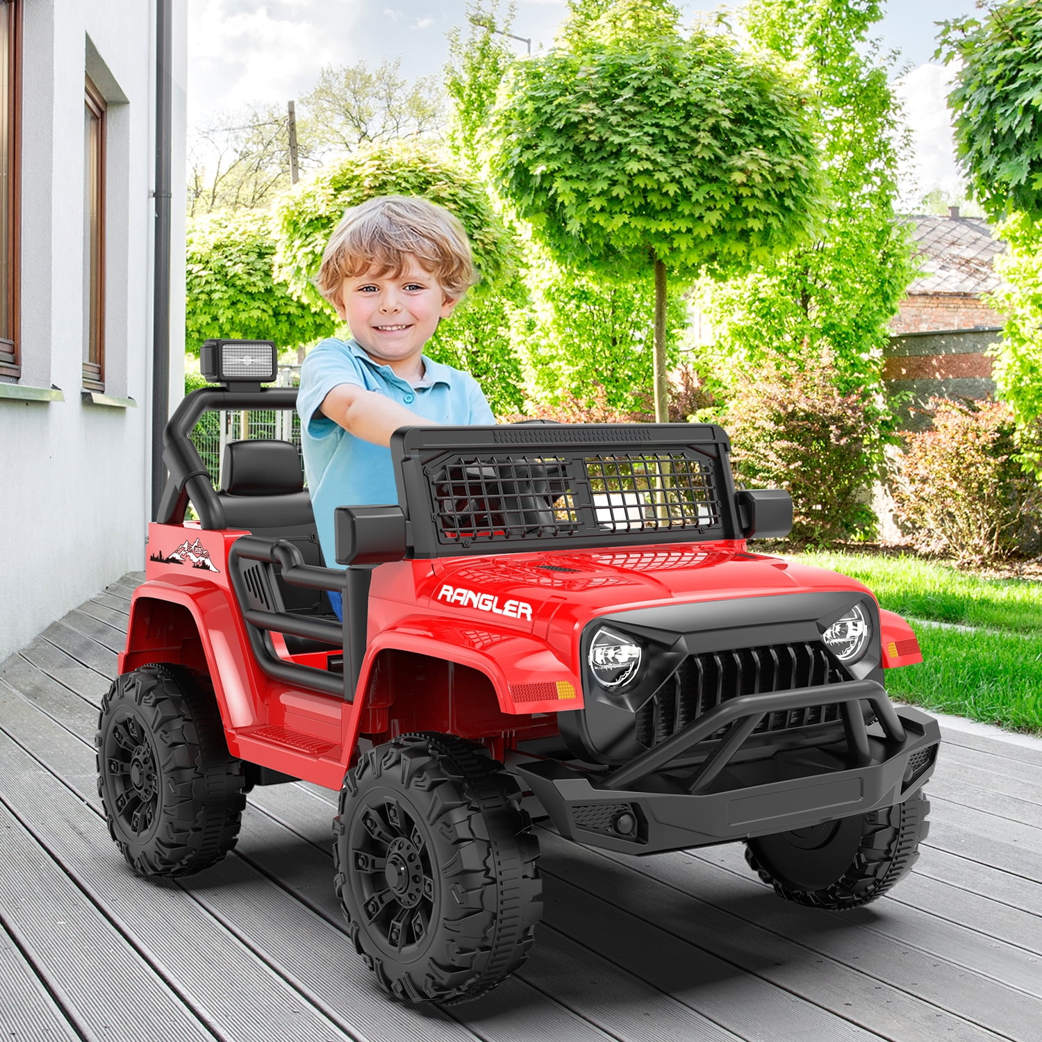 Erinnyees Ride on Jeep Car 12V Kids Electric Vehicles with Parent Remote Control, Safety Belt,Forward and Reverse Functions,Battery Powered,Spring Suspension,Music and Lights-Red