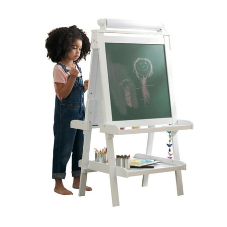 KidKraft Deluxe Wooden Easel with Chalkboard and Dry Erase Surfaces, Paper Roll and Paint Cups - White