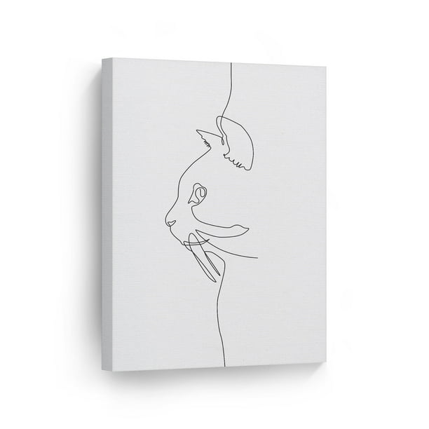 Smile Art Design Black And White One Line Minimalism Art Cat Face Animal Abstract Canvas Wall