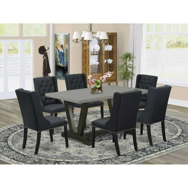 East West Furniture V696FO624-7 7 Piece Kitchen Table Set Consist of a Rectangle Dining Table with V-Legs and 6 Black Linen Fabric Parson Dining Room Chairs, 36x60 Inch, Multi-Color