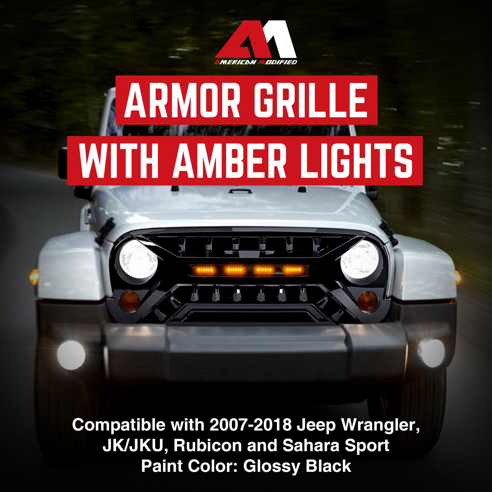 AMERICAN MODIFIED Grille 07-18 Jeep Wrangler JK w/ Amber LED, Glossy Black