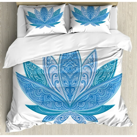 Asian Queen Size Duvet Cover Set, Zen Design with Paisleys and Swirls on Lotus Petals Eastern Motifs, Decorative 3 Piece Bedding Set with 2 Pillow Shams, Purple Grey Blue Petrol Blue, by Ambesonne