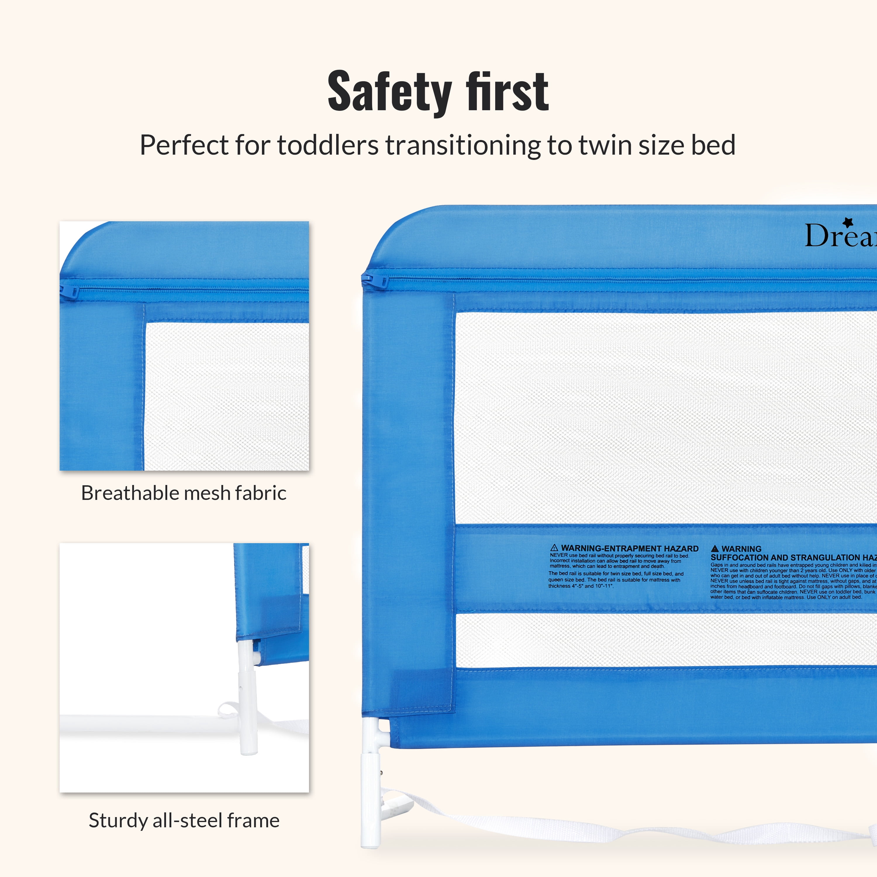 Dream On Me Lightweight Mesh Security Adjustable Bed Rail for Toddler in Blue, Fits for Twin, Full, Queen, Toddlers and Bunk Size Beds with a Mattress height less than 5" inches only.